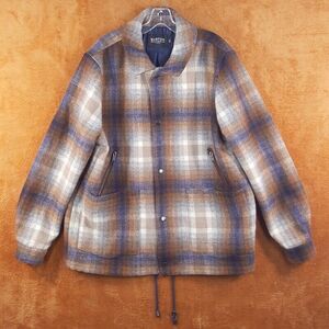 BURTON LONDON Mens Coat XL Tan Blue Plaid Snap Button Tartan Plaid Outdoor